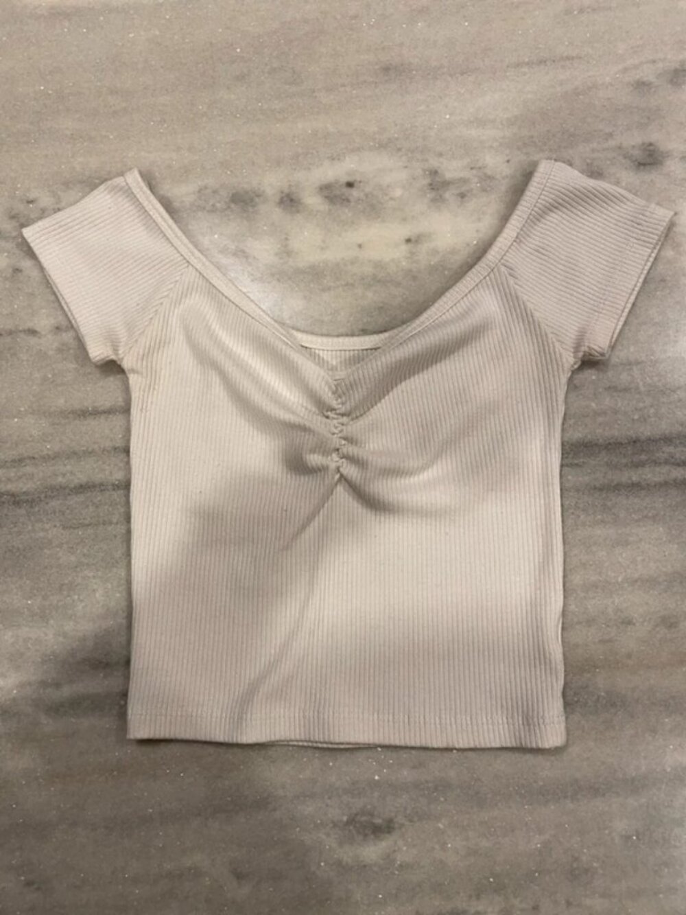 American Eagle Women’s Off-White Ribbed Short Sleeve Crop Top XS